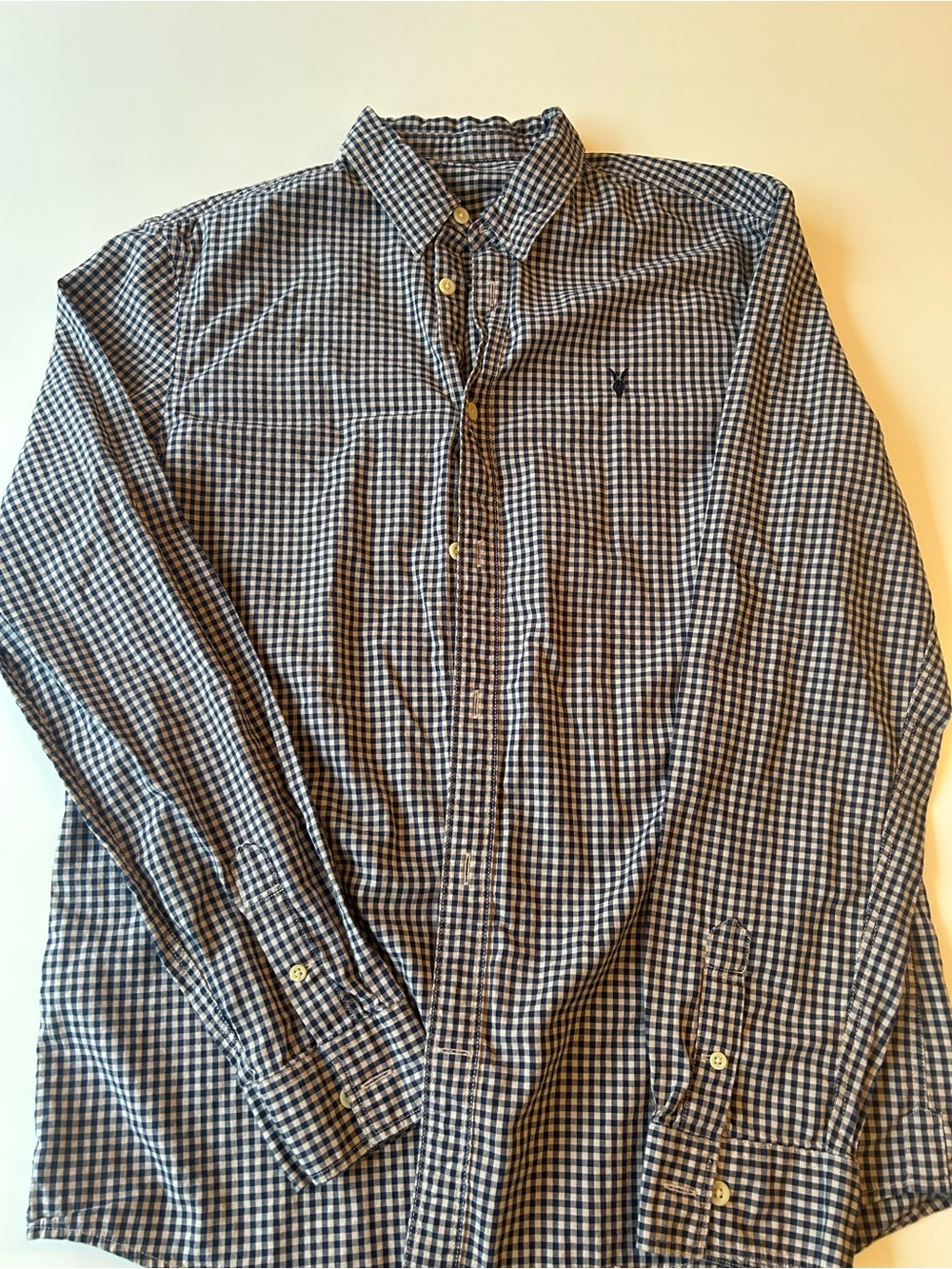 All Saints Men's Navy and White Gingham Button-Down Shirt